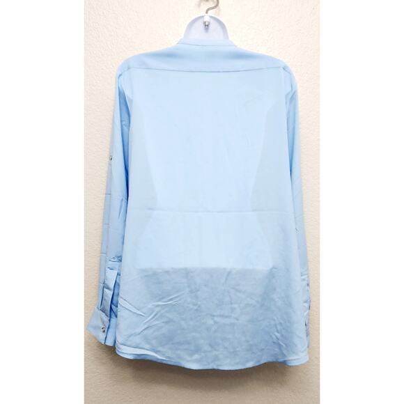 Calvin Klein Blue Zipper Pockets Button Up Top Large Long Roll Tab Sleeves Soft - Picture 4 of 6